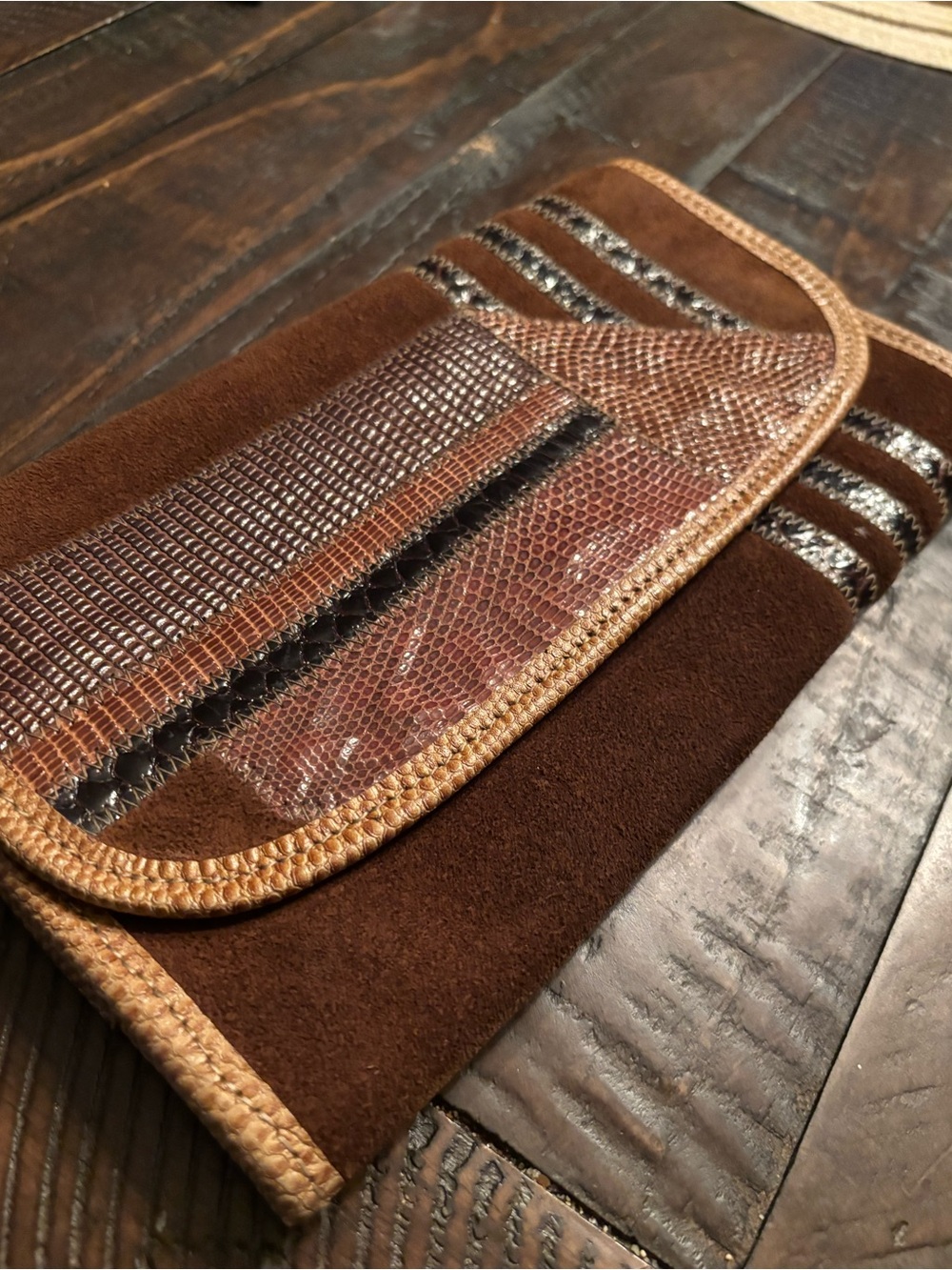 Vintage Carlos Falchi Snakeskin Leather Patchwork Clutch Bag 70’s 80’s Boho EUC